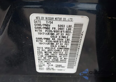 2004 Nissan Murano Sl из США, поврежденный, VIN JN8AZ08W34W340866